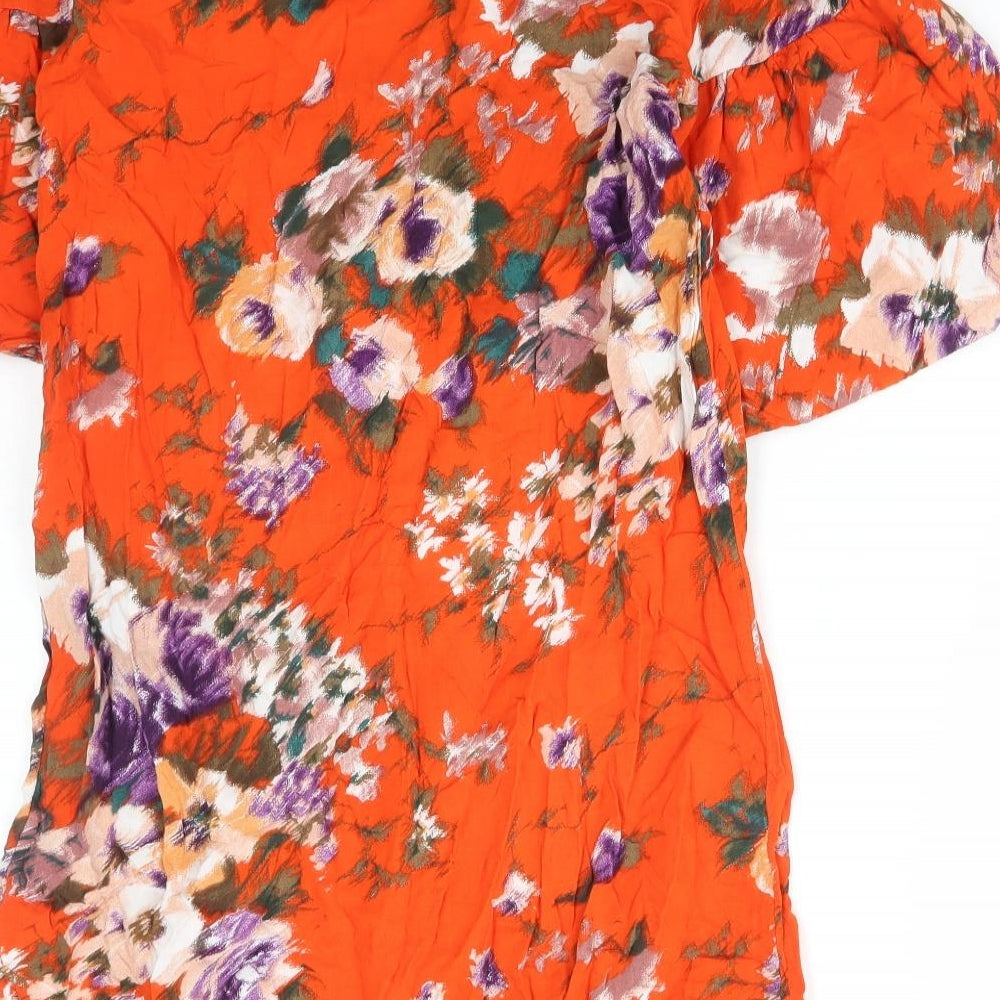 H&M Womens Red Floral Viscose Shift Size 8 Round Neck Button