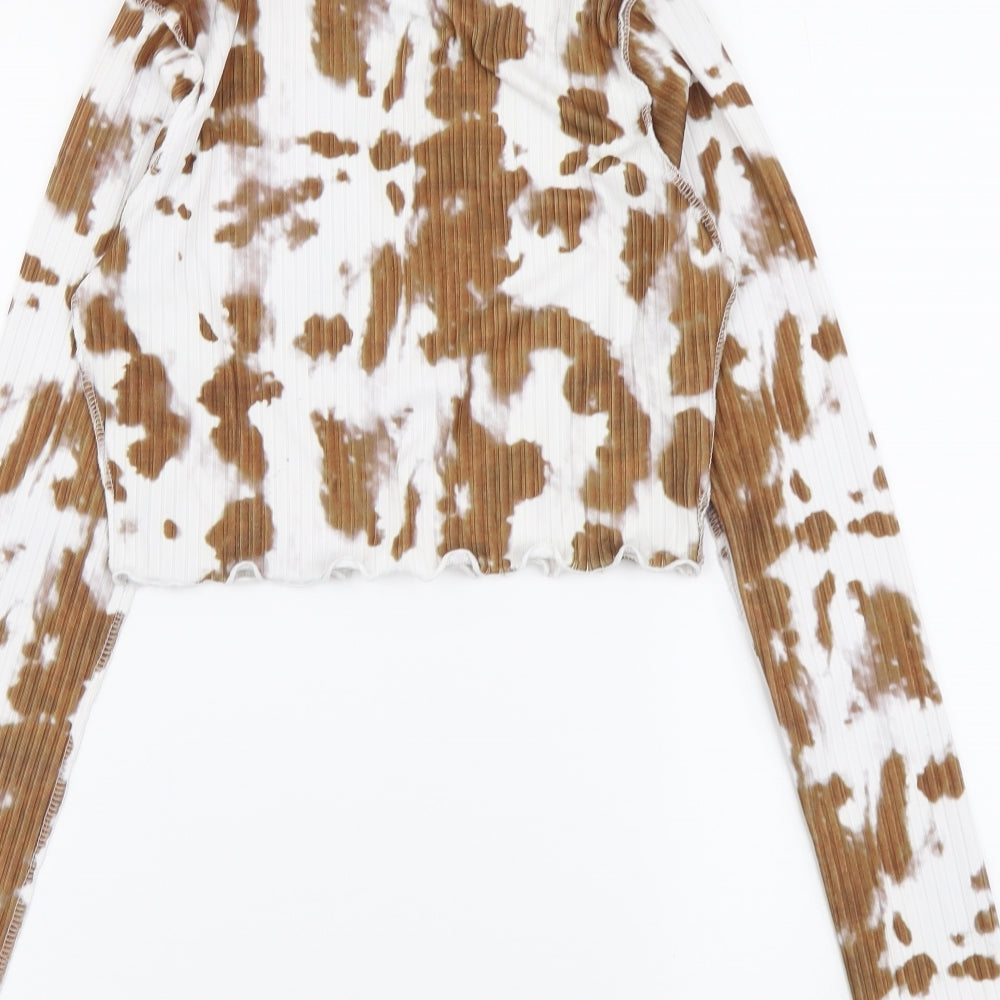 PRETTYLITTLETHING Womens Brown Geometric Polyester Cropped Blouse Size 8 Round Neck