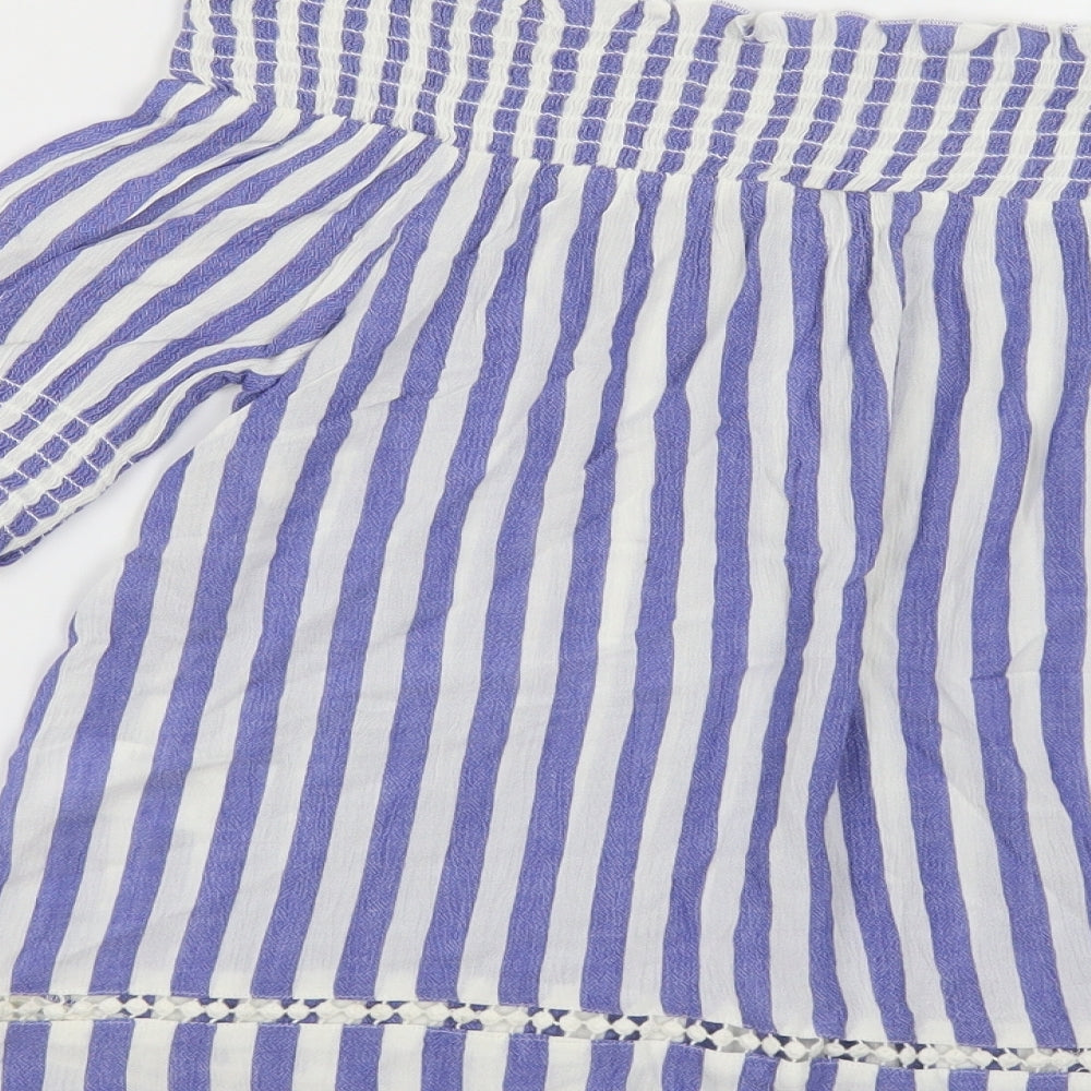 Warehouse Womens Blue Striped Viscose Basic Blouse Size 10 Off the Shoulder