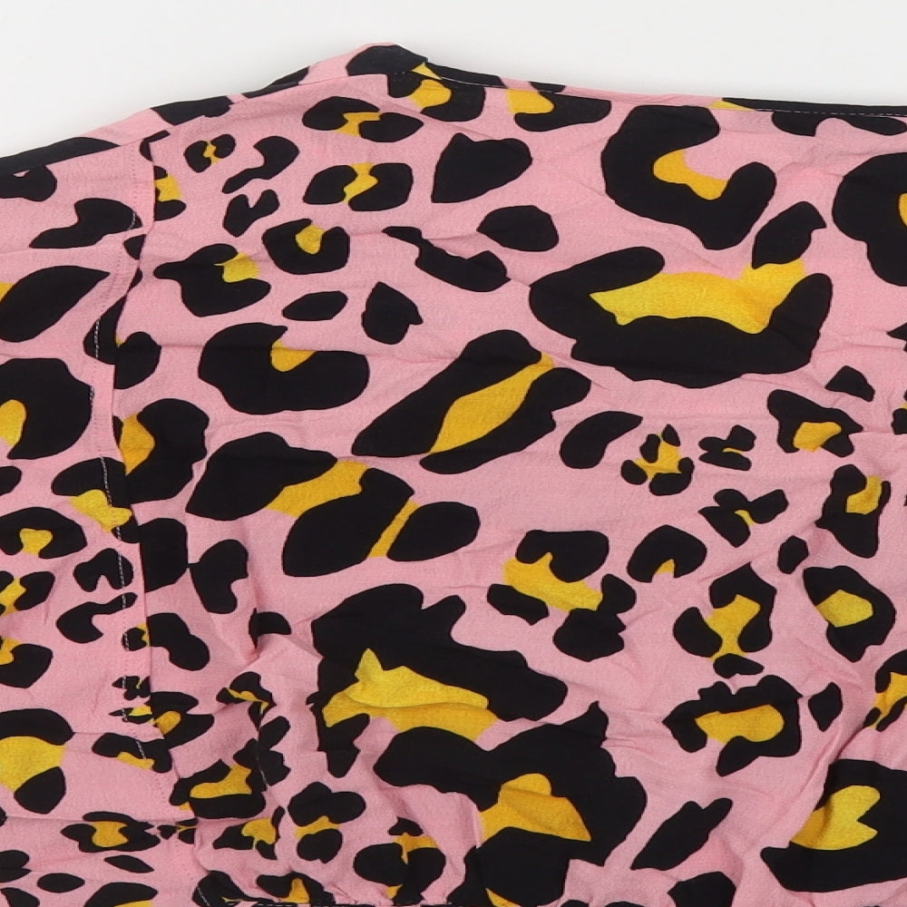 Topshop Womens Pink Animal Print Viscose Cropped Blouse Size 10 V-Neck - Tie Front