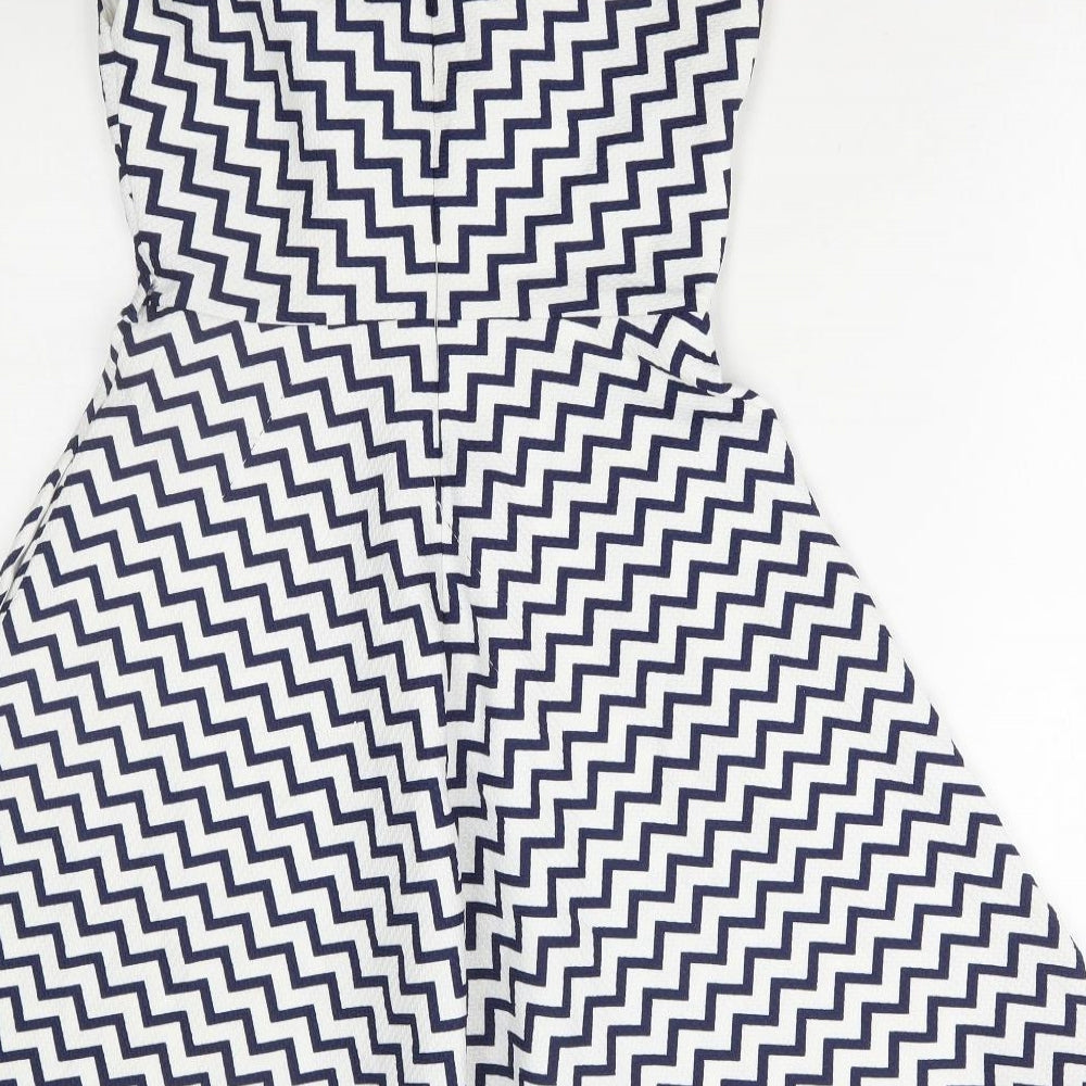 Louche Womens Blue Geometric Polyester A-Line Size 8 Round Neck Zip
