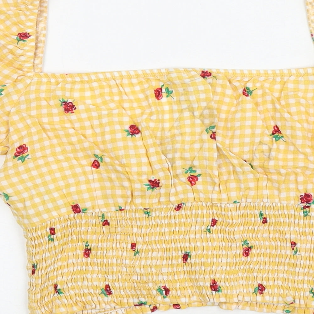 Stradivarius Womens Yellow Floral Viscose Cropped T-Shirt Size S Square Neck - Gingham