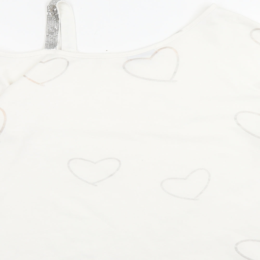 Sheilay Womens White Geometric Polyester Basic T-Shirt Size M One Shoulder - Heart Pattern
