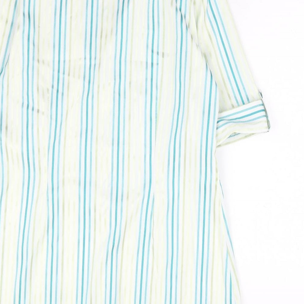 M&Co Womens Blue Striped Polyester Basic Button-Up Size 14 V-Neck