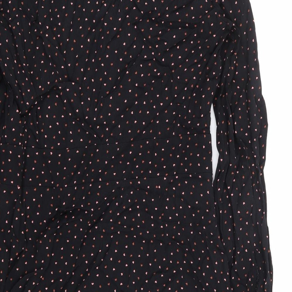 Warehouse Womens Black Geometric Rayon A-Line Size 12 V-Neck Zip - Love Heart Print