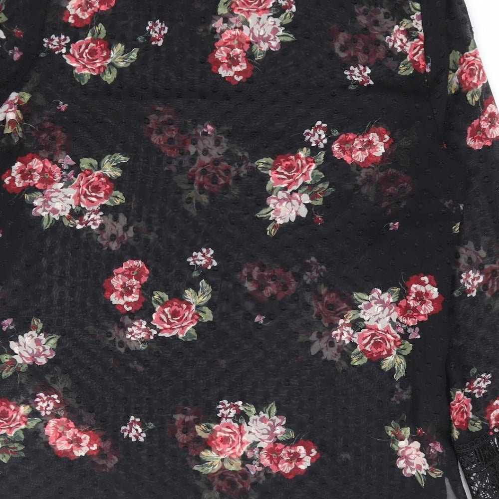Peacocks Womens Black Floral Polyester Basic Blouse Size 8 Round Neck - Lace Sleeve Trim