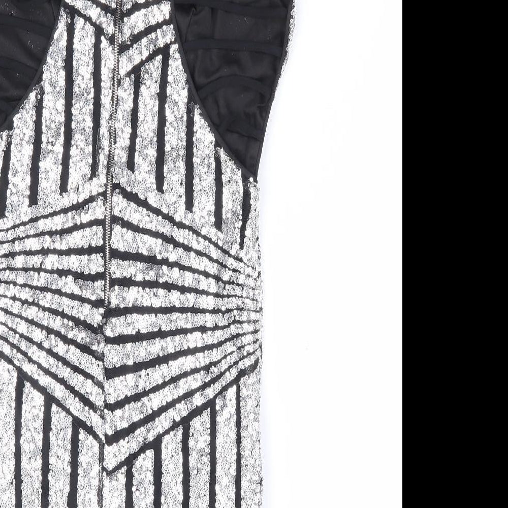 Preworn Womens Silver Geometric Polyester Bodycon Size S V-Neck Zip