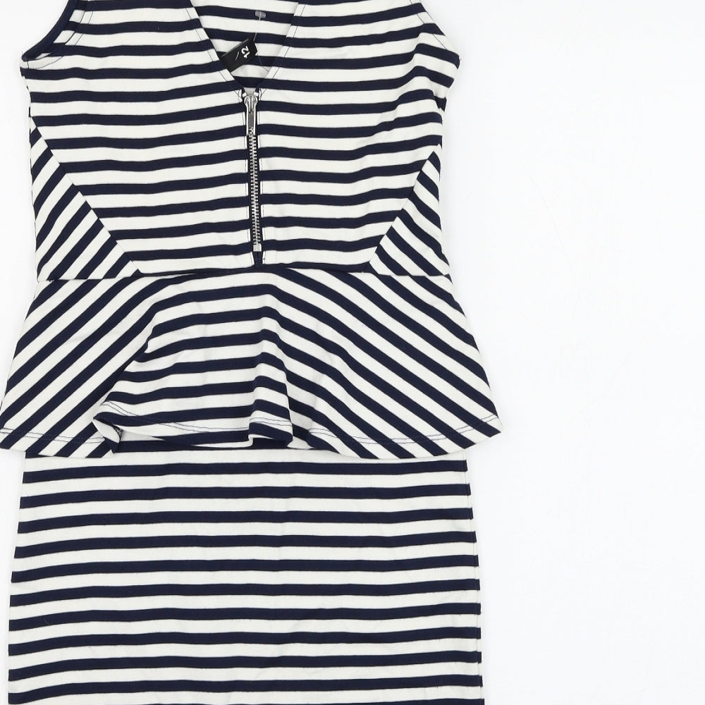 H&M Womens White Striped Viscose Bodycon Size 12 Round Neck Zip