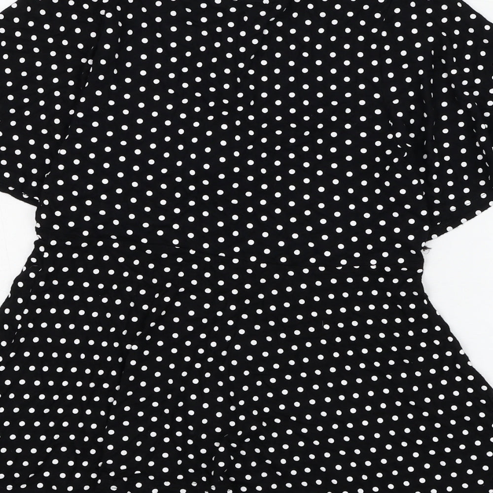 New Look Womens Black Polka Dot Polyester Basic Blouse Size 8 V-Neck - Knot Front