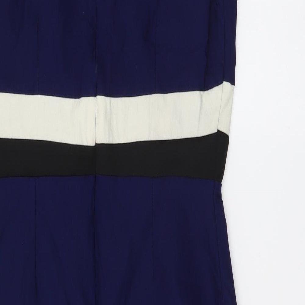 Vesper Womens Blue Colourblock Viscose Bodycon Size 10 V-Neck Zip