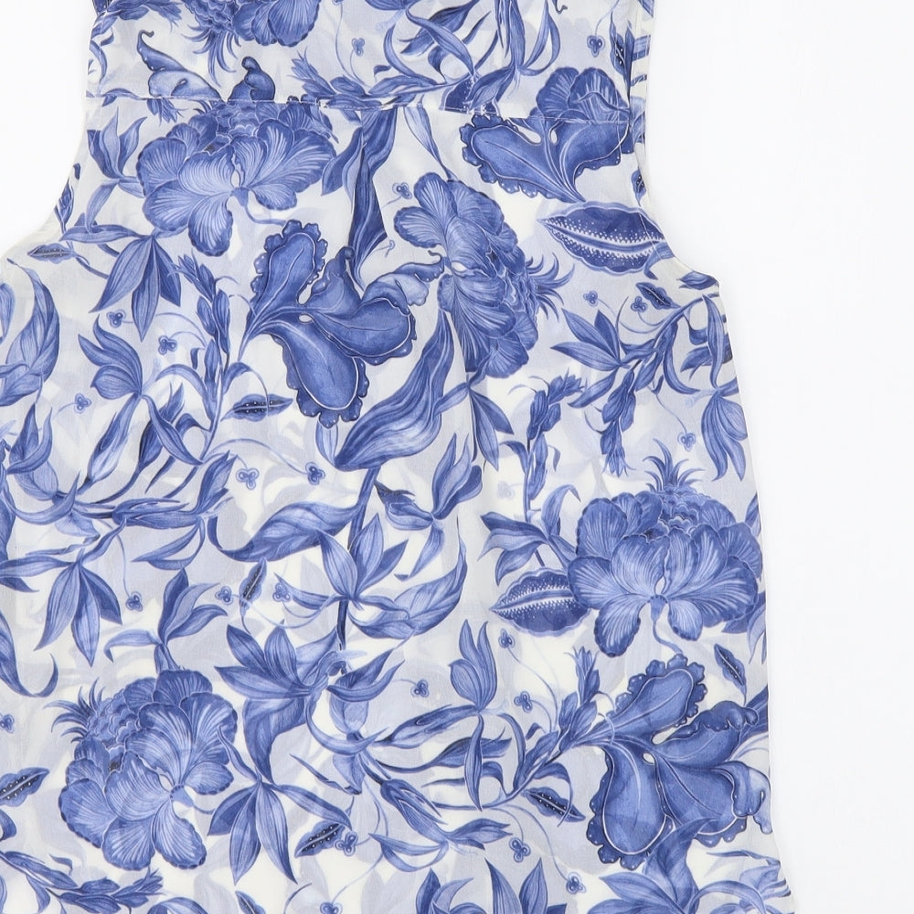 H&M Womens Blue Floral Polyester Basic Button-Up Size 4 Collared
