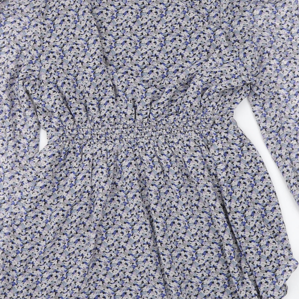 H&M Womens Blue Floral Polyester Basic Blouse Size S V-Neck