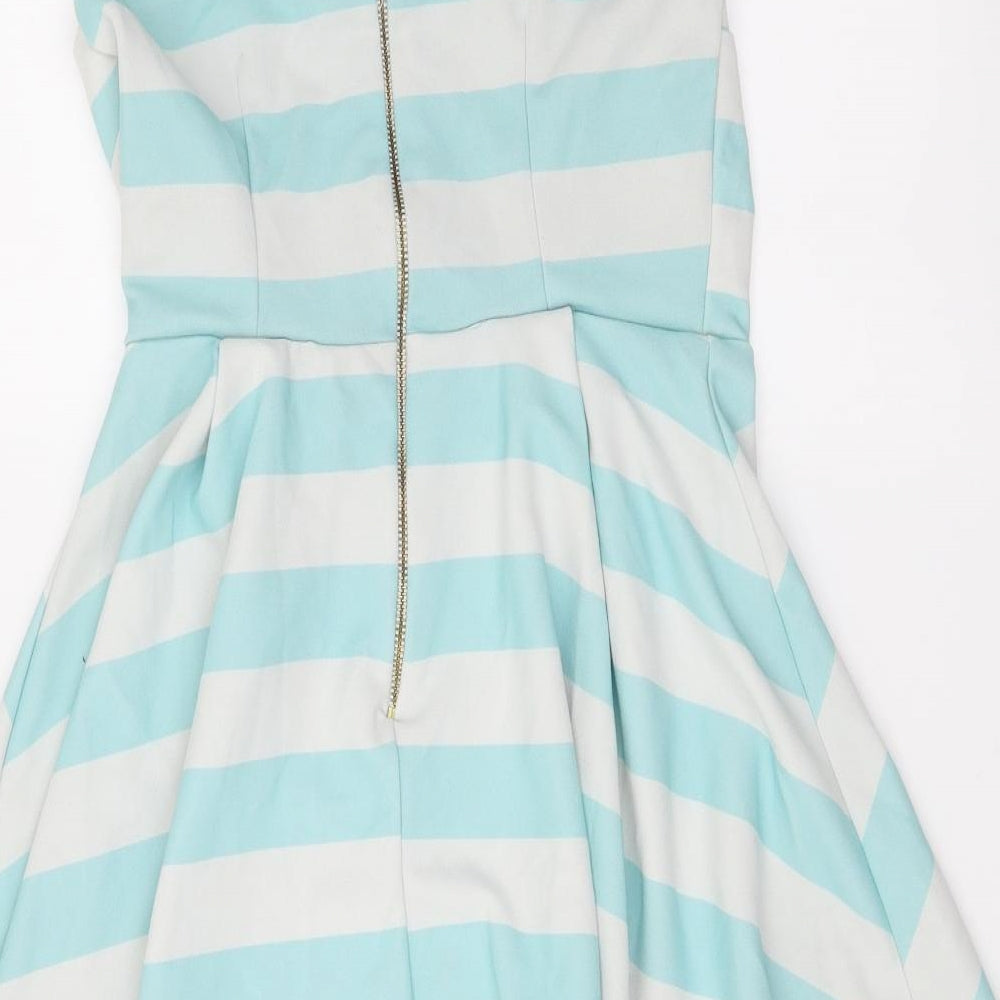 New Look Womens Blue Striped Polyester Mini Size 10 Off the Shoulder Zip