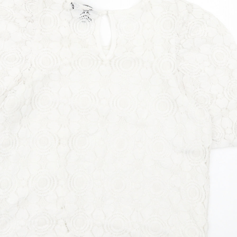 New Look Womens White Floral Polyamide Basic T-Shirt Size 6 Crew Neck