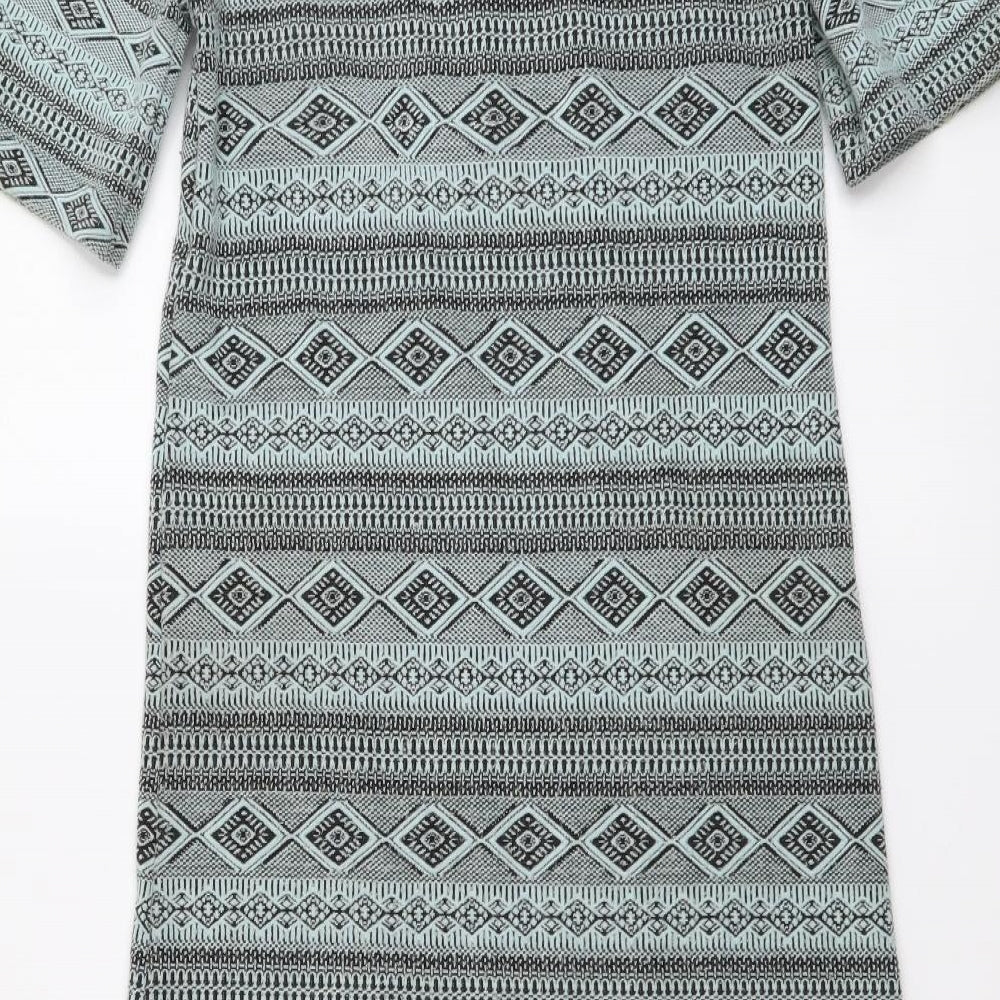 H&M Womens Green Geometric Polyester A-Line Size XS Round Neck Zip