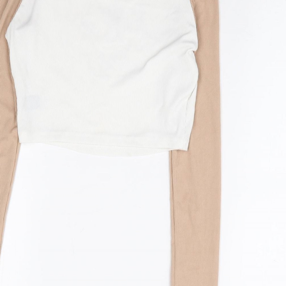 SheIn Womens Beige Polyester Cropped Blouse Size XS Round Neck - Ribbed Angel Baby