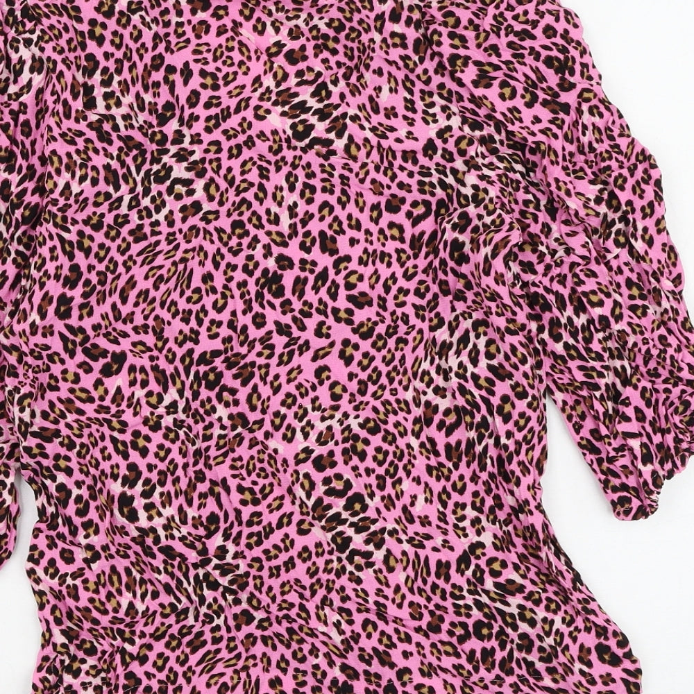Marks & Spencer Womens Pink Animal Print Viscose Basic Button-Up Size 6 V-Neck - Leopard Print