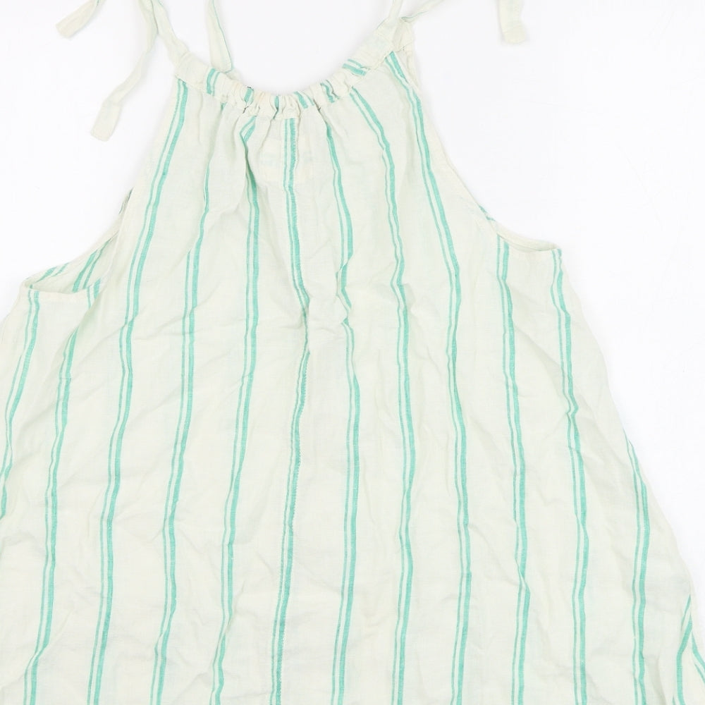 Marks & Spencer Womens White Striped Flax Basic Blouse Size 10 Round Neck