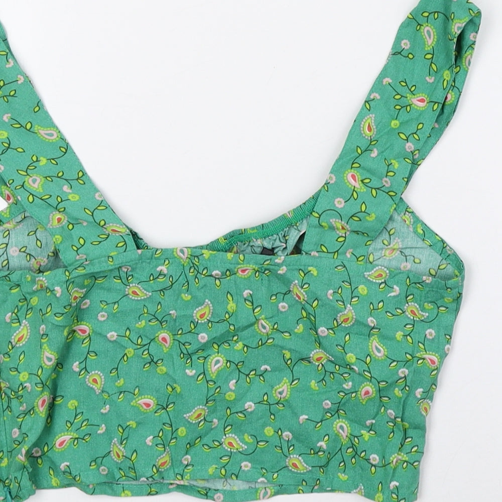 Motel Rocks Womens Green Floral Viscose Cropped Tank Size 2XS Scoop Neck