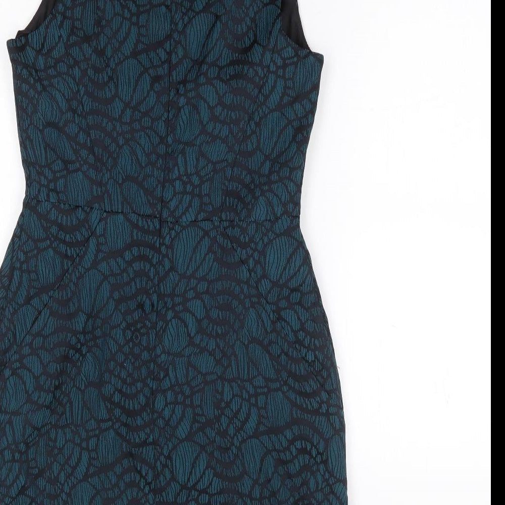 New Look Womens Green Geometric Polyester A-Line Size 8 Round Neck Zip
