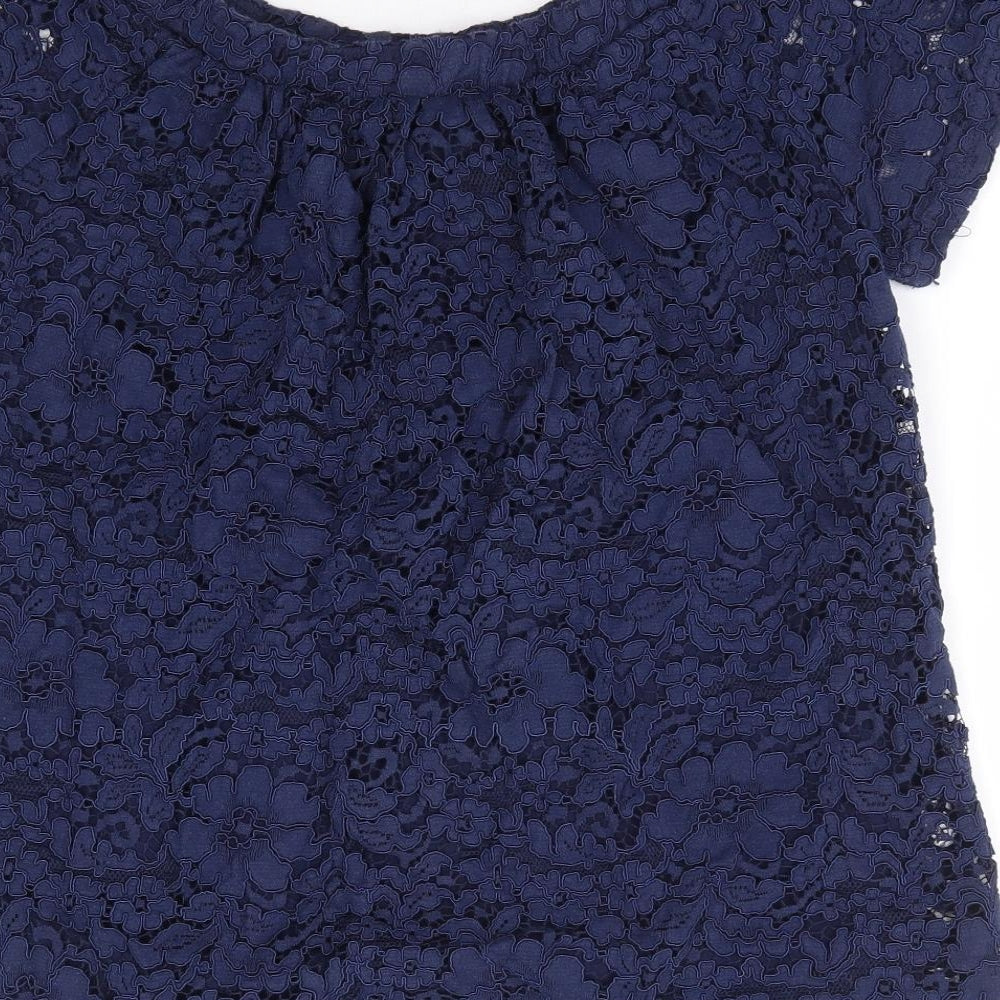 Peacocks Womens Blue Floral Nylon Basic Blouse Size 12 Boat Neck