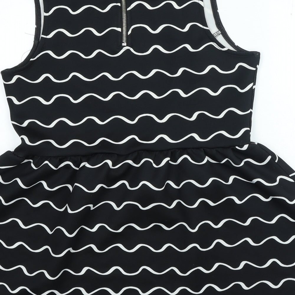 Divided Womens Black Geometric Polyester A-Line Size M Boat Neck Zip
