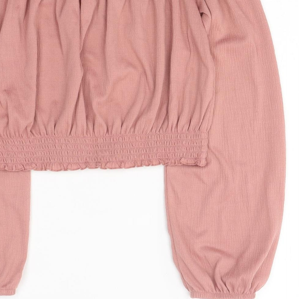 Divided by H&M Womens Pink Polyester Cropped T-Shirt Size S Off the Shoulder - Balloon Sleeves