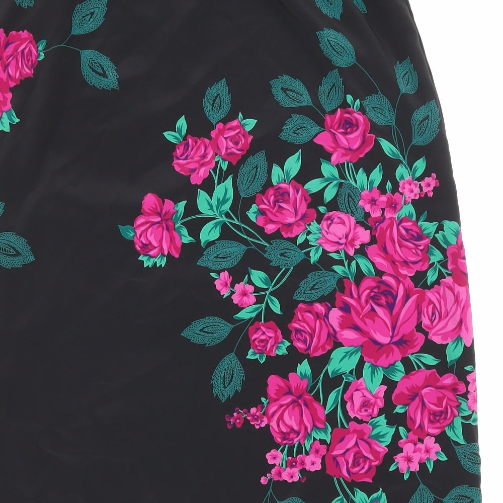 Fashion extra Womens Black Floral Polyester A-Line Skirt Size 14 Drawstring