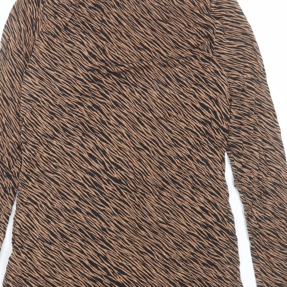 Oasis Womens Brown Animal Print Viscose Basic T-Shirt Size M Round Neck