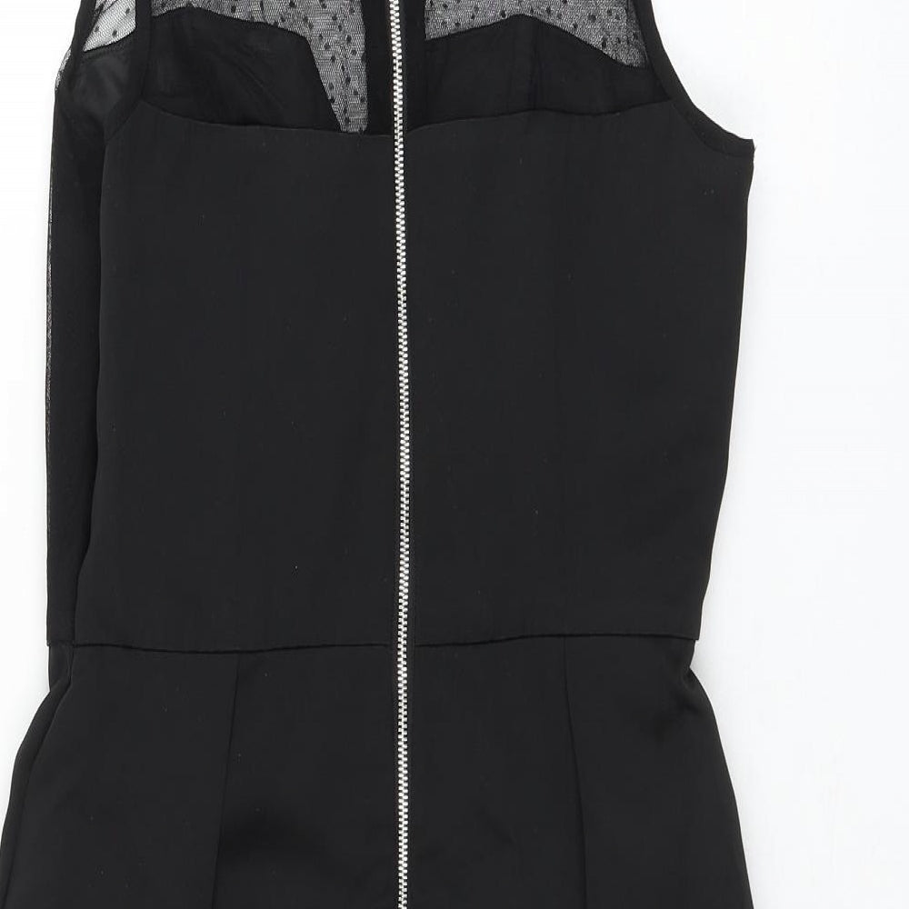 New Look Womens Black Polka Dot Polyester A-Line Size 10 Round Neck Zip