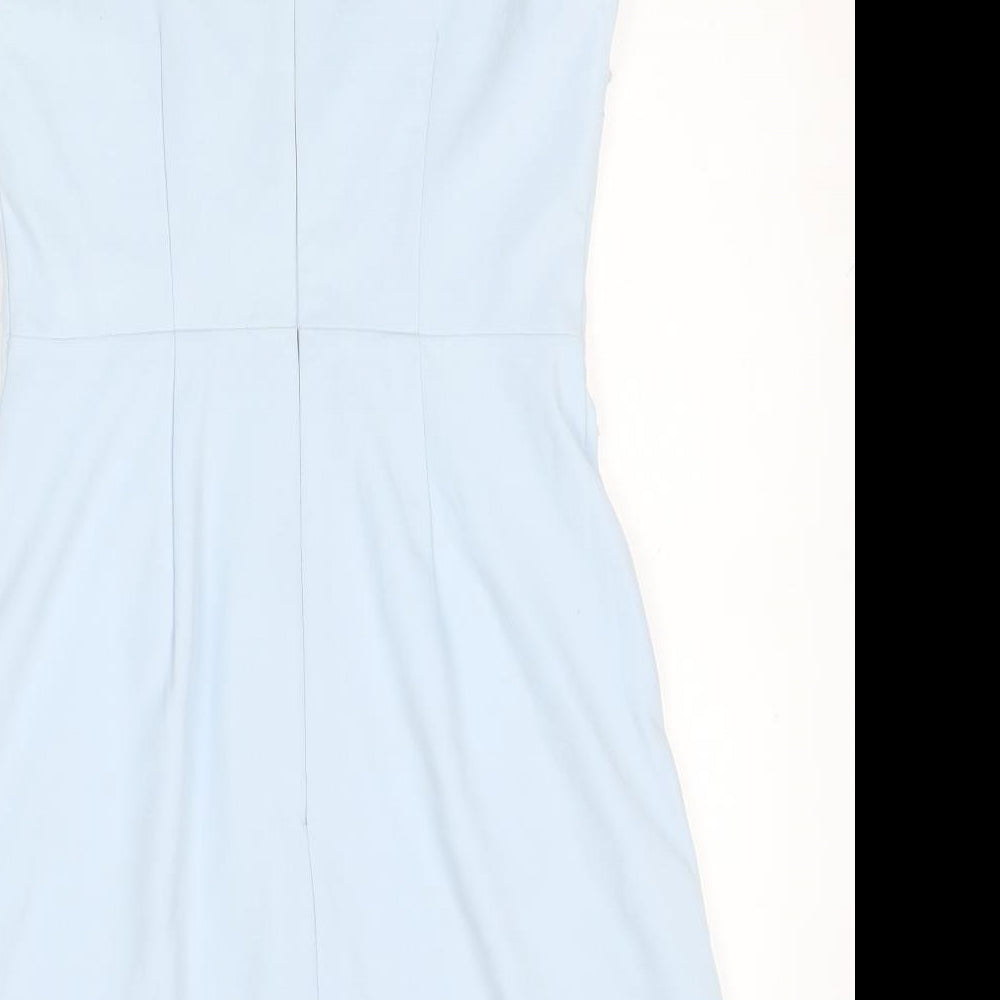 Warehouse Womens Blue Geometric Polyester A-Line Size 6 Round Neck Zip