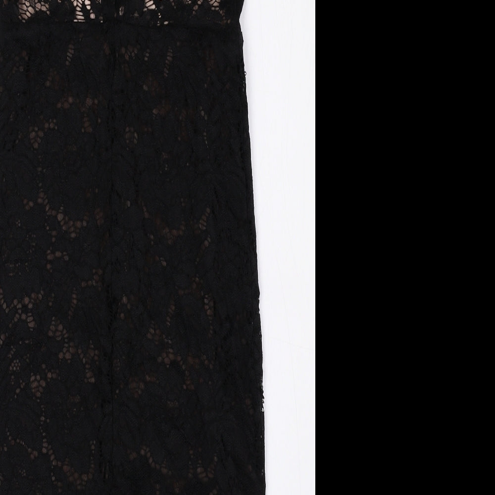 New Look Womens Black Nylon Tank Dress Size 8 Halter Button - Lace Detail