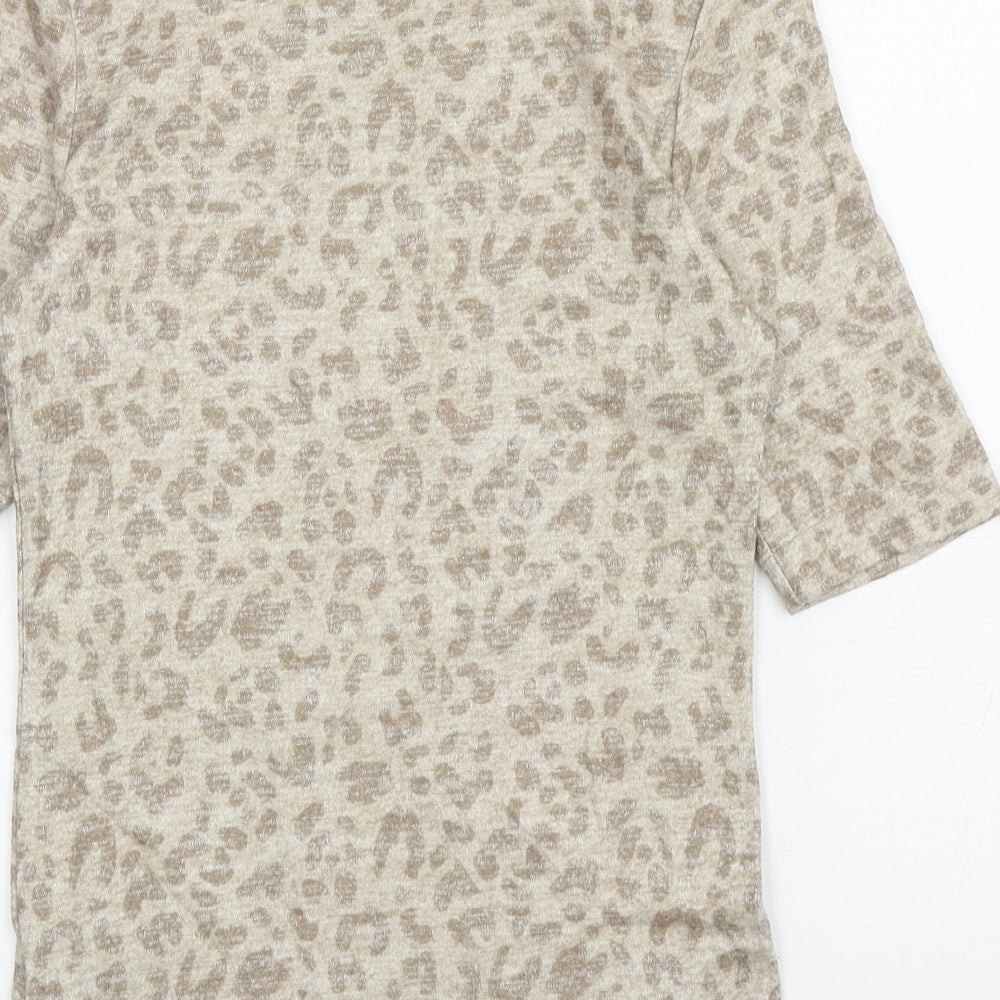 Marks & Spencer Womens Beige Mock Neck Animal Print Viscose Pullover Jumper Size 6 - Leopard Print