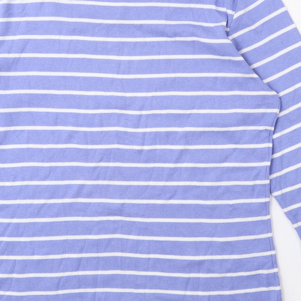 First Avenue Womens Blue Striped Polyester Basic Blouse Size M Round Neck