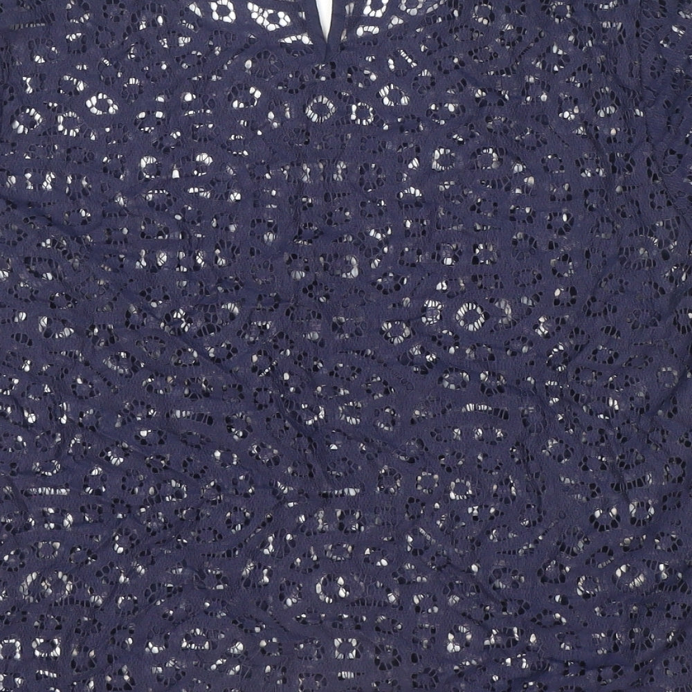Marks & Spencer Womens Blue Geometric Cotton Basic Blouse Size 12 Round Neck - See-through. Lace