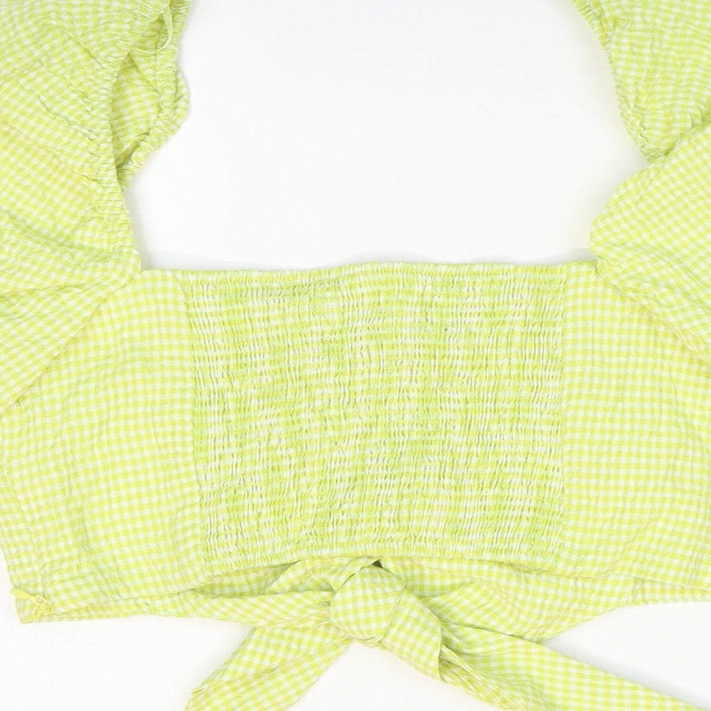 Zara Womens Green Check Cotton Cropped Blouse Size 6 Sweetheart - Ruched Tie Front