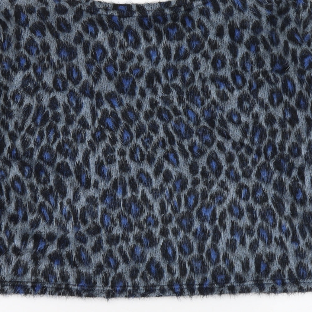 New Look Womens Blue Animal Print Acrylic Basic Blouse Size L Round Neck - Leopard pattern