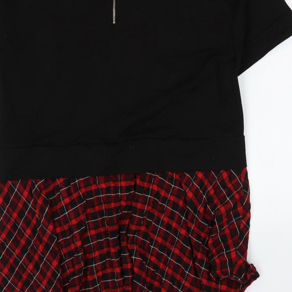 Zara Womens Black Plaid Cotton T-Shirt Dress Size S Round Neck Zip - Hanky Hem