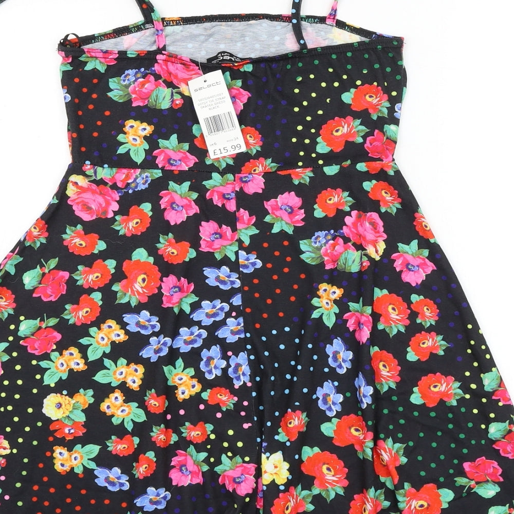 Select Womens Black Floral Polyester Skater Dress Size 6 Square Neck Tie