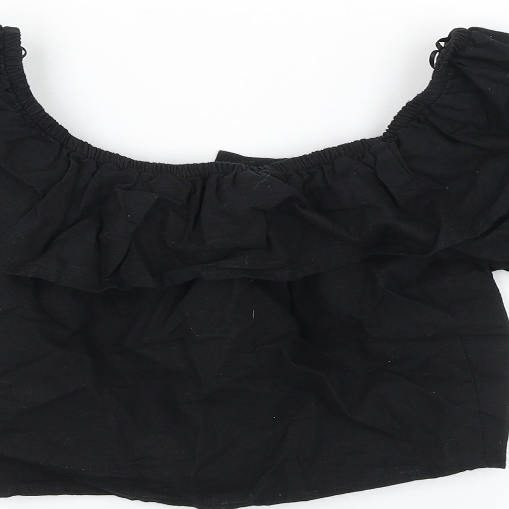 Topshop Womens Black Cotton Cropped Blouse Size 6 Round Neck