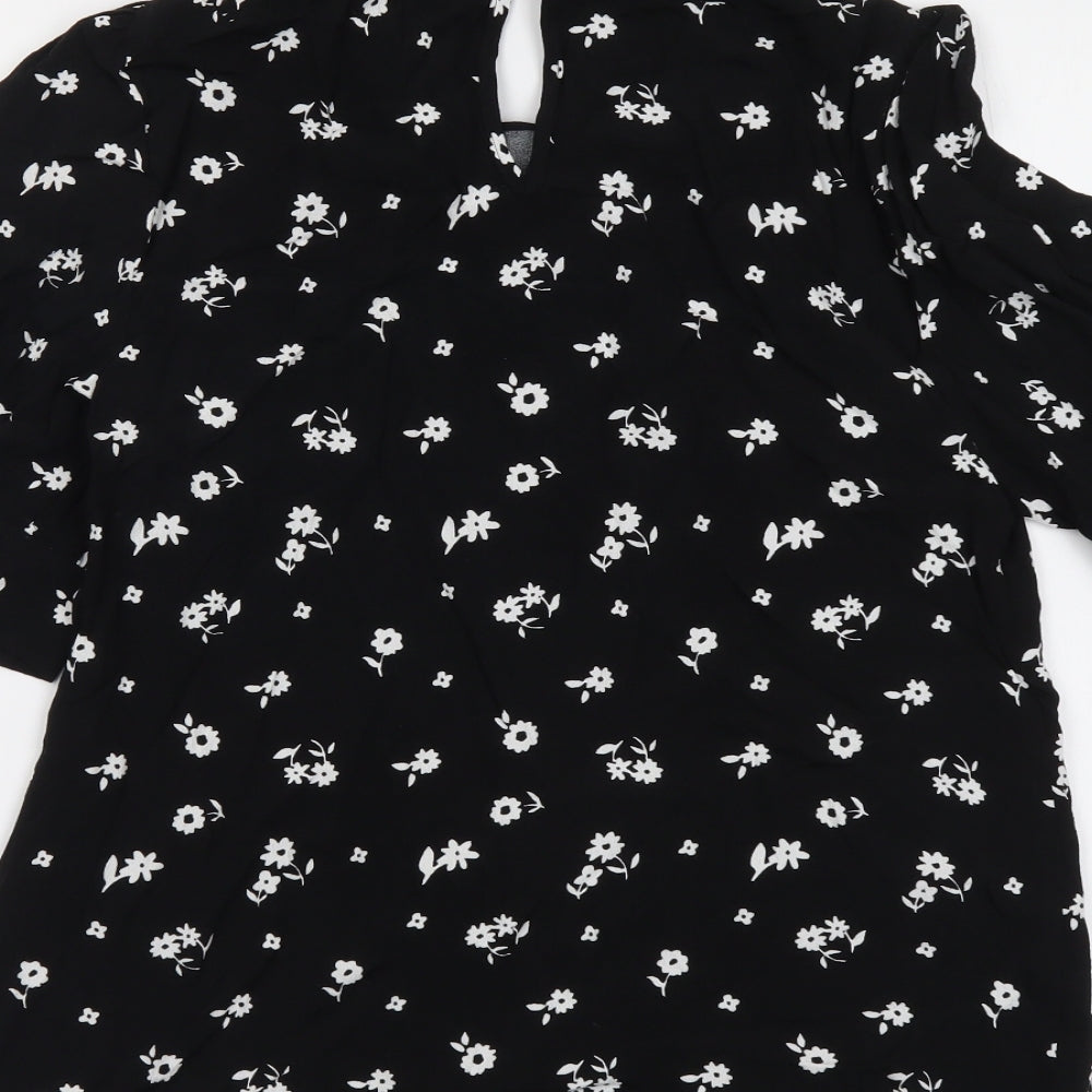 Marks & Spencer Womens Black Floral Viscose Basic Blouse Size 6 Collared
