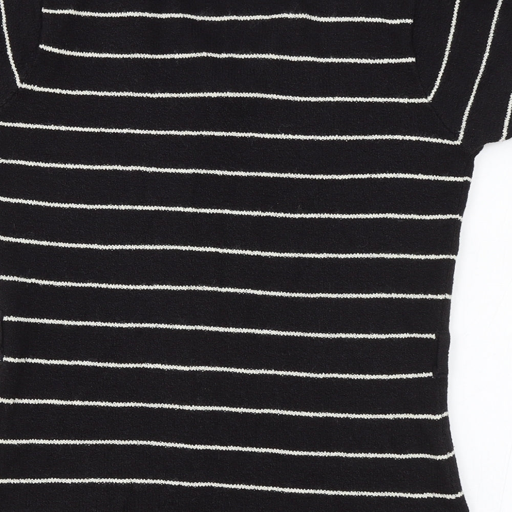 Zone Womens Black Striped Acrylic Basic T-Shirt Size M V-Neck
