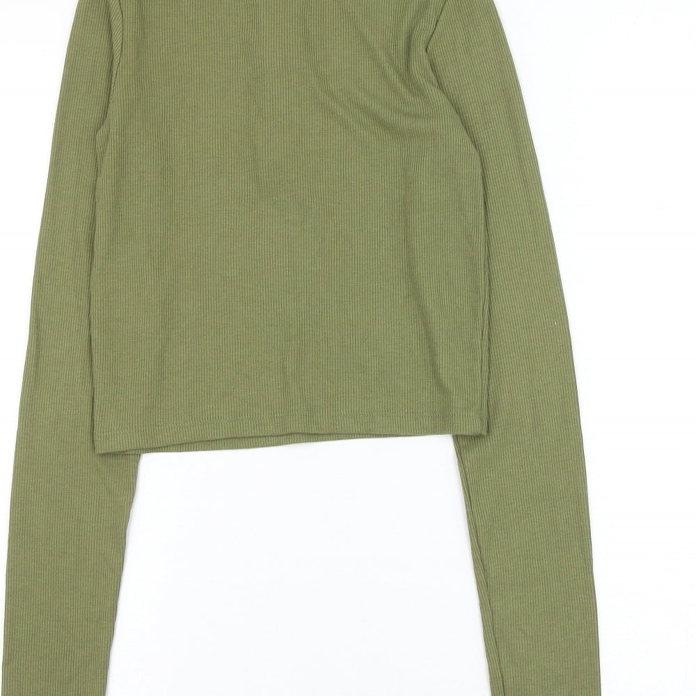 Stradivarius Womens Green Polyester Cropped Blouse Size S Mock Neck
