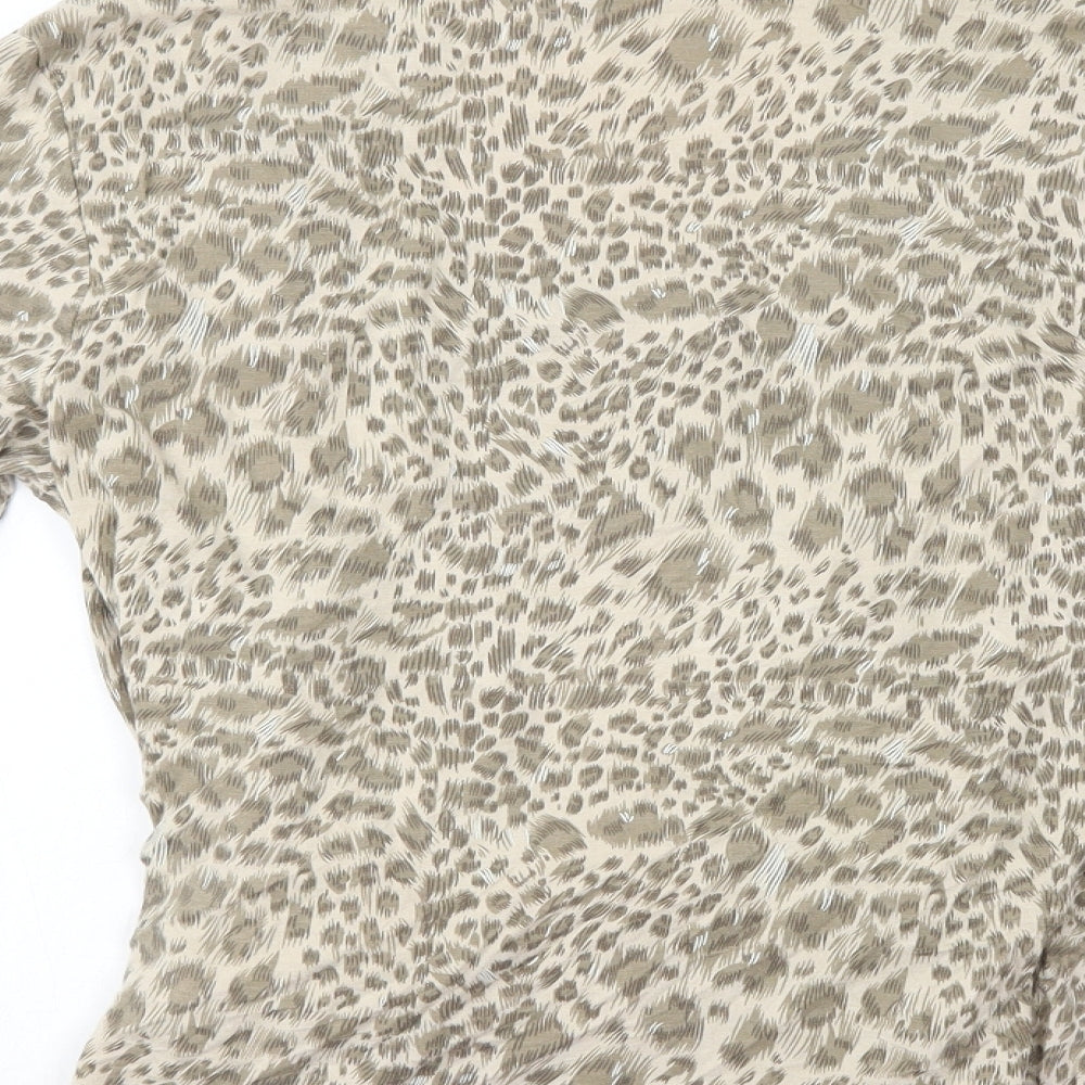 Janique Womens Beige Animal Print Viscose Basic T-Shirt Size 16 Scoop Neck