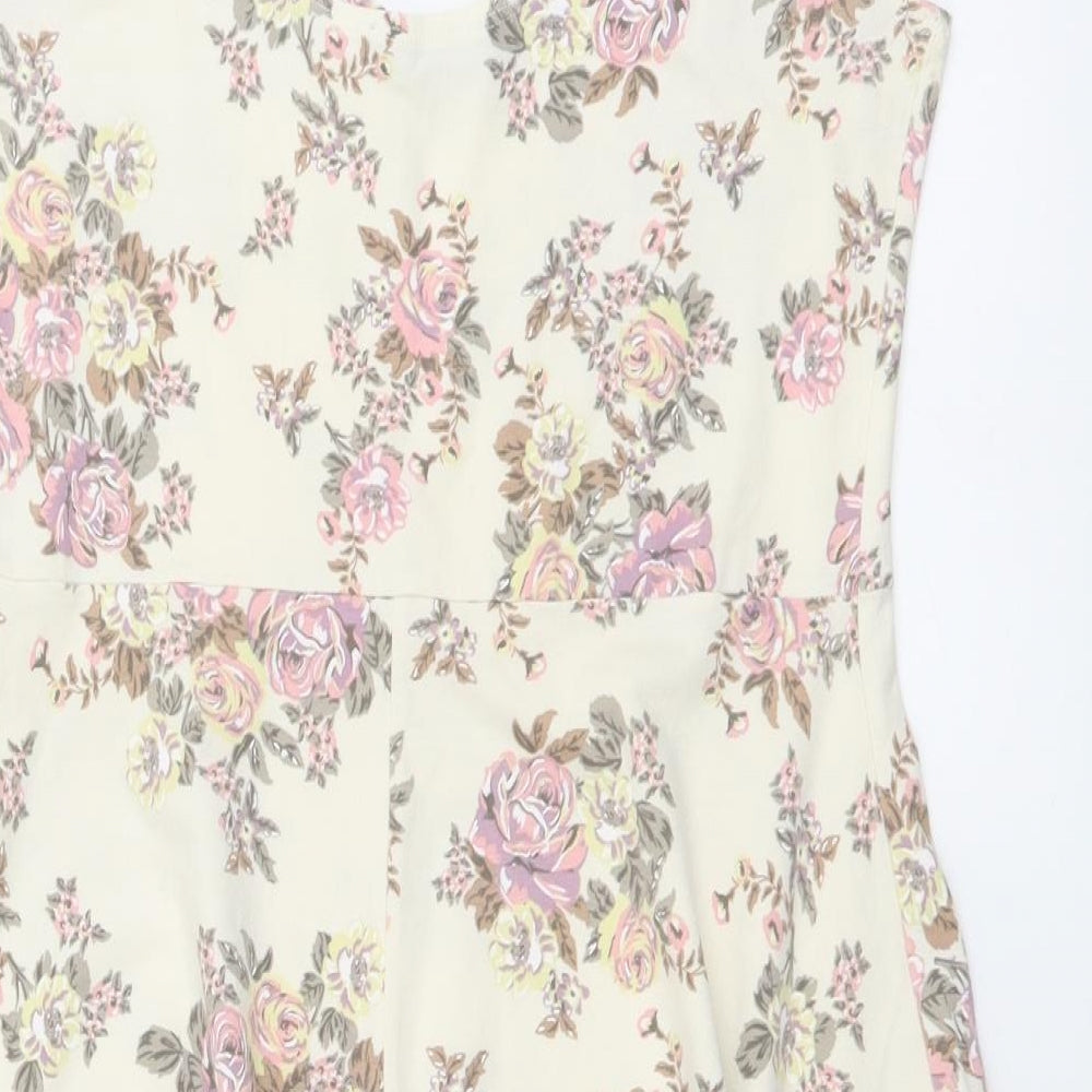 Shana Womens Beige Floral Cotton A-Line Size M Round Neck Pullover