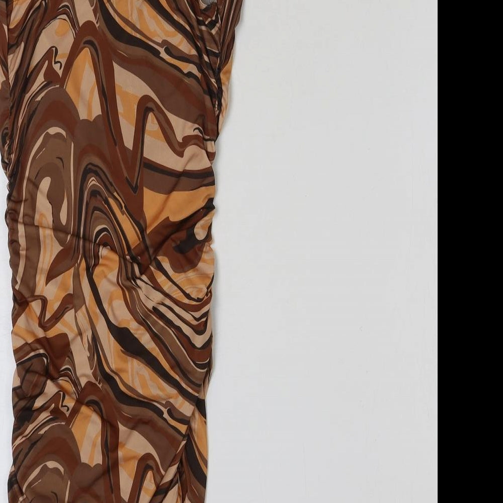 PRETTYLITTLETHING Womens Brown Geometric Polyester Pencil Dress Size 8 Square Neck Pullover