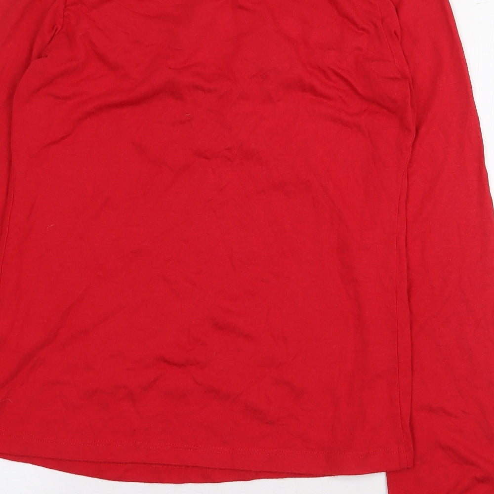 Red Herring Womens Red Geometric Polyester Basic T-Shirt Size 14 V-Neck - Pom Pom Trim