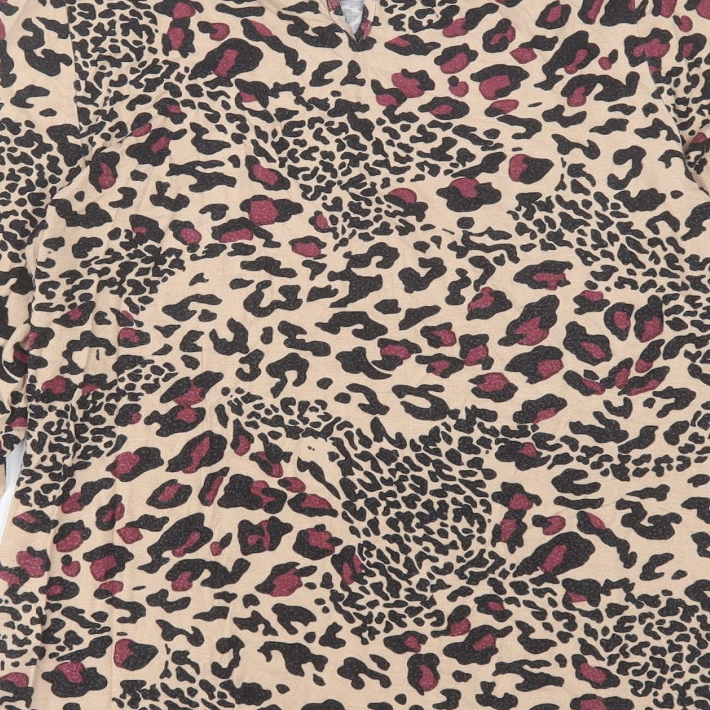 Oasis Womens Brown Animal Print Viscose Basic T-Shirt Size M Crew Neck