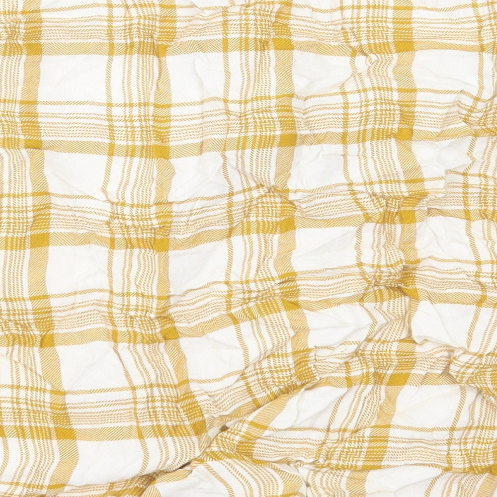 New Look Womens Yellow Plaid Viscose Basic Button-Up Size 14 V-Neck - Tie At Front