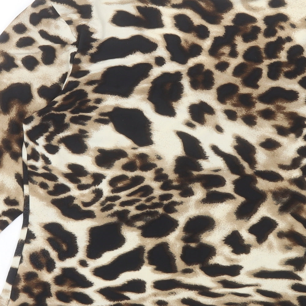 Roman Womens Brown Animal Print Polyester Basic T-Shirt Size 14 Scoop Neck